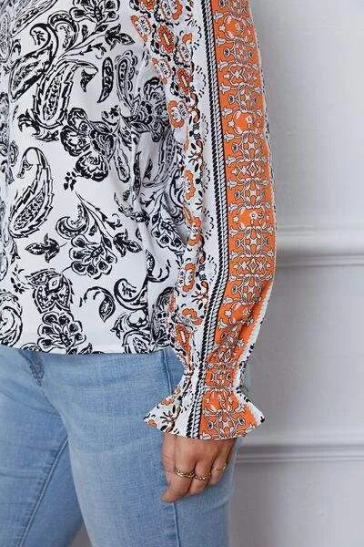 Tassel Tie Neck Printed Smocked Long Sleeve Blouse Blouses - Tophatter Daily Deals